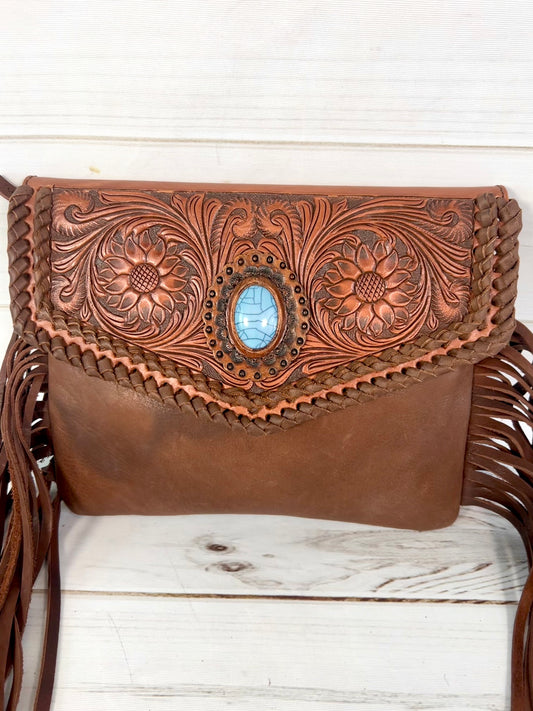 Dark Brown Leather Braided Envelope Handbag
