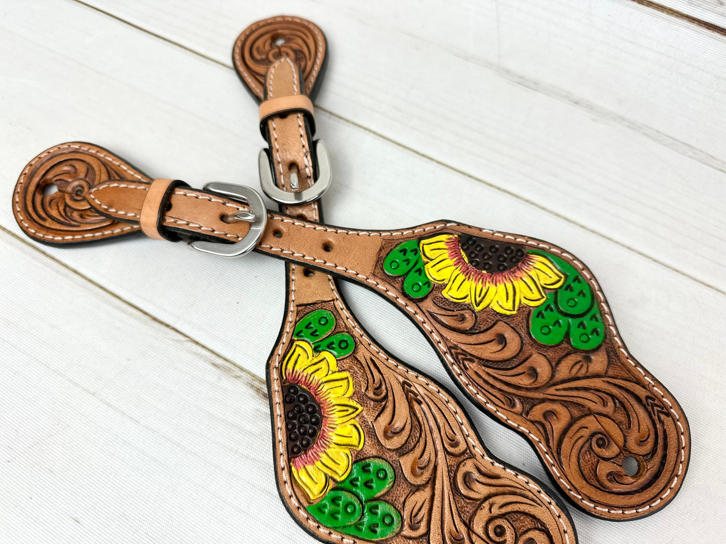 Sunflower Cactus Painted Leather Spur Straps