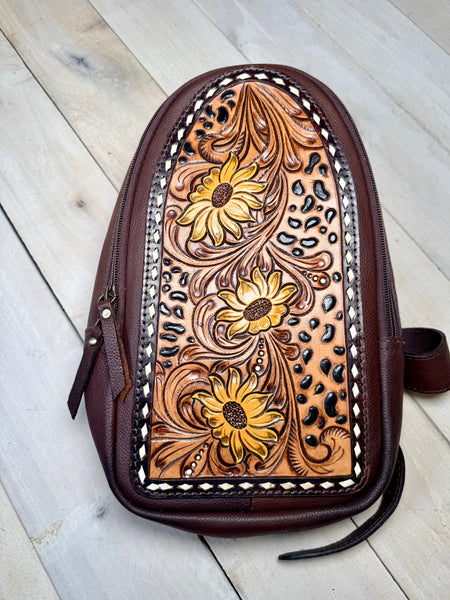 Leopard Sunflower Leather Tooled Sling Bag