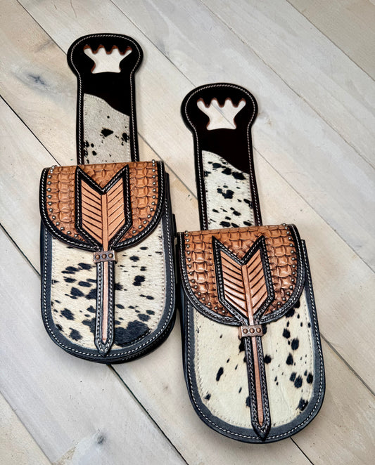 Cowhide  Silver Studded and Leather Tooled Saddle Bag