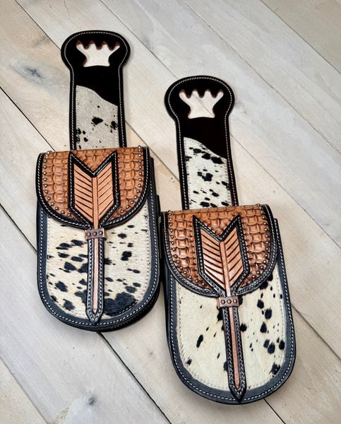 Cowhide  Silver Studded and Leather Tooled Saddle Bag