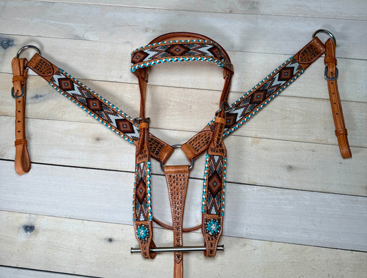 Teal and White Whipstitch Beaded Tack Set