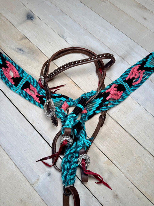 Sangria Teal, Pink Gray Woven Concho Tack Set