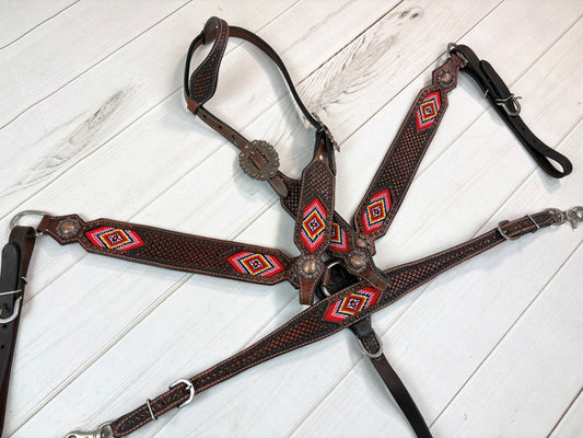 Red Beaded Floral Tooled Leather Tack Set