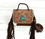 Leather Tooled Turquoise Studded Pill Box Style Crossbody Handbag