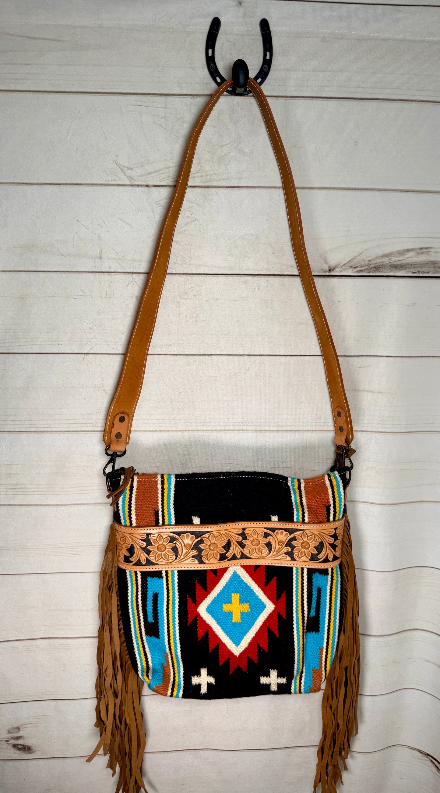 Floral Tooled Black, Red and Turquoise Crossbody