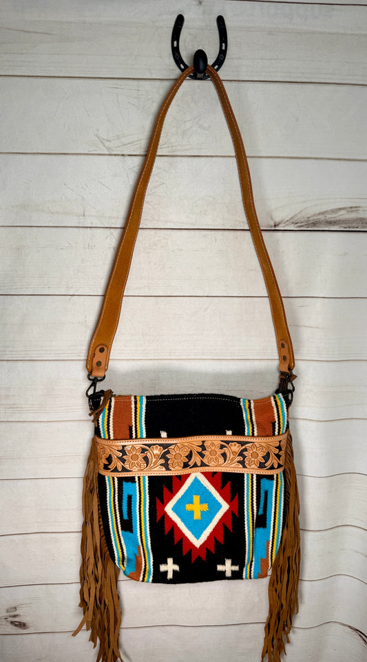 Floral Tooled Black, Red and Turquoise Crossbody