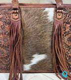 Prescott Brown Pattern Hide Tote with Leather Tooled Sunflowers