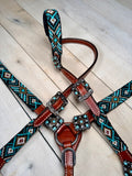 Teal White and Black Beaded Silver Concho Tack Set