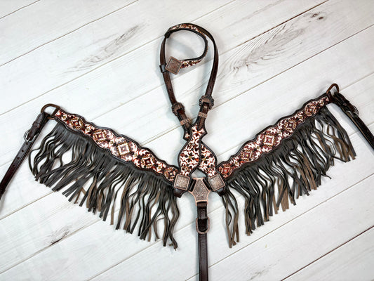 Brown and Cream Designed Leather Fringe Tack Set