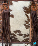 Prescott Brown Pattern Hide Tote with Leather Tooled Sunflowers