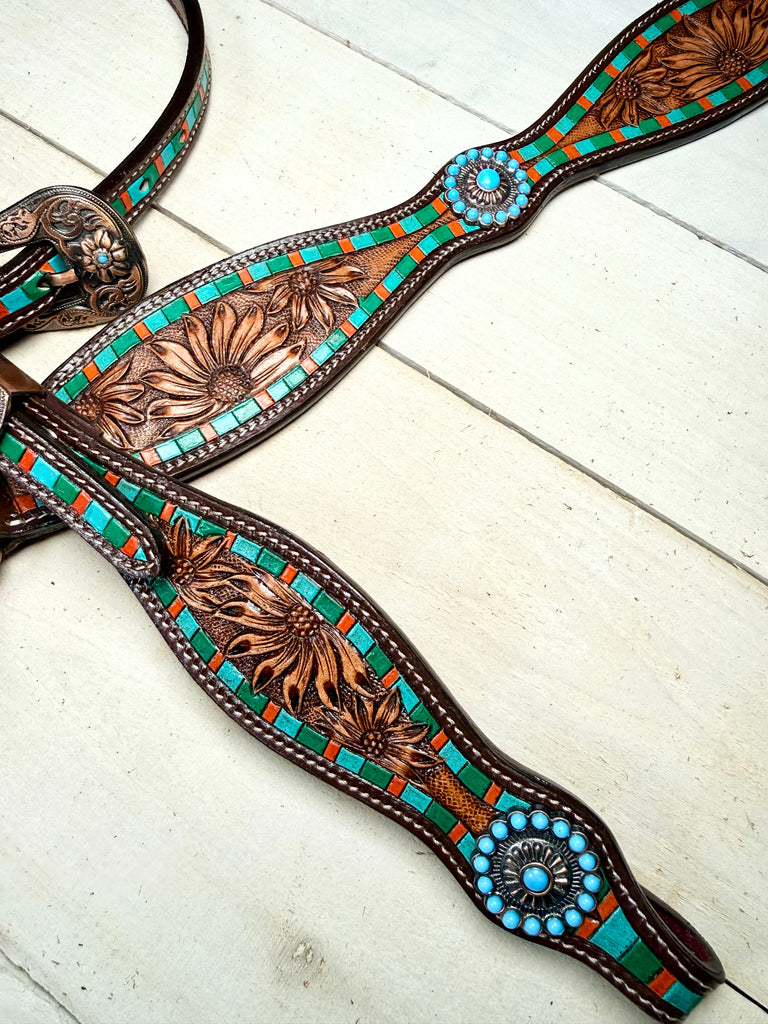 Turquoise Concho Green & Orange Sunflower Tack Set | Western – Cowgirl ...