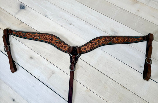 Teal Dotted Floral Tooled Breastcoller