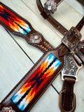 Sunset Red, Orange Blue Woven Copper Concho Tack Set