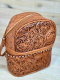 Leather Floral Tooled Buckstitch Backpck
