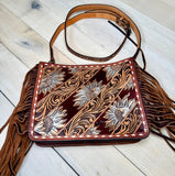 Floral Tooled White Buckstitch and Fringe Crossbody Handbag