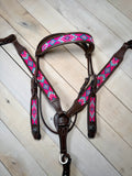 Hot Pink, Teal and Purple Beaded Leather Tack Set