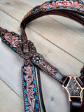 Dark Leather Teal Buckstitch Painted Floral Tack set