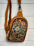 Buckstitch Tooled Leather and Hide Western Sling Bag
