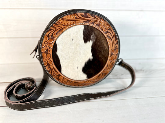 Cowhide Canteen Style Leather Tooled 10" Round Purse