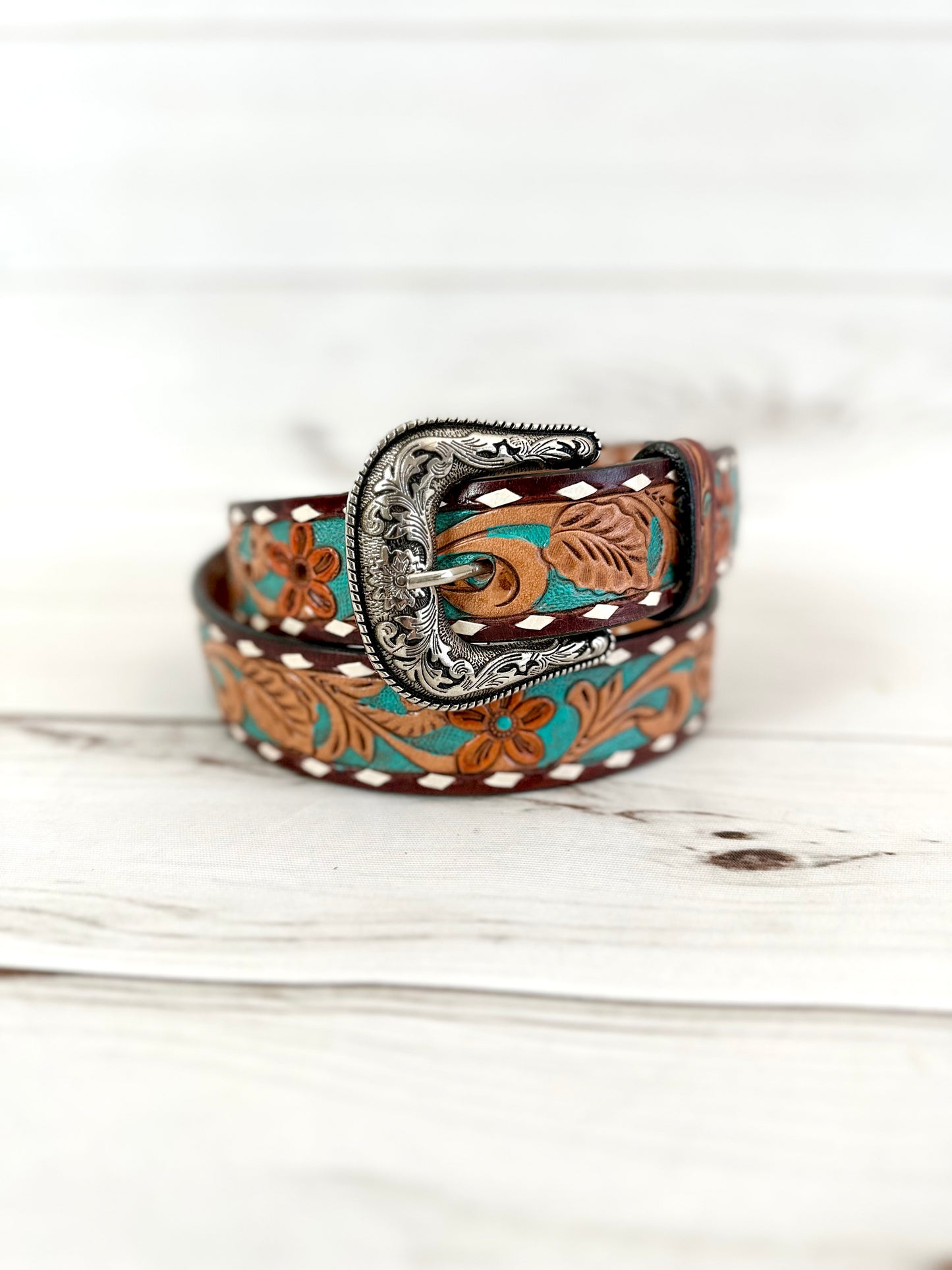 Teal Floral Tooled Leather Woman’s Belt