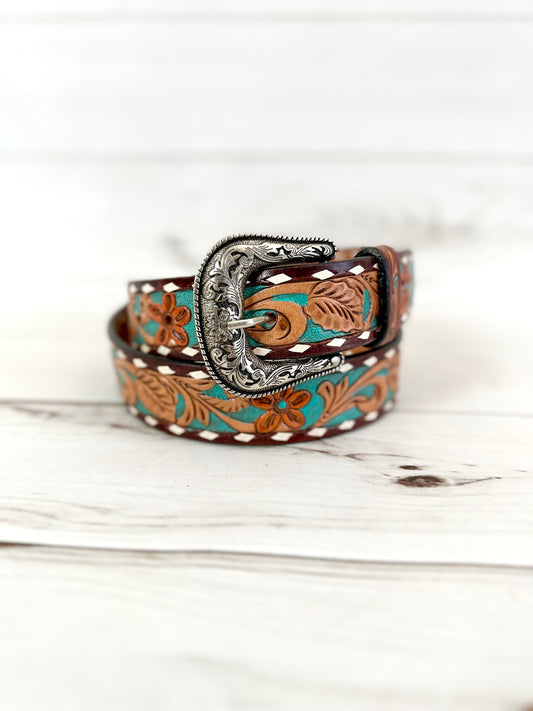 Teal Floral Tooled Leather Woman’s Belt