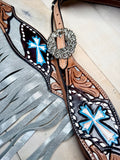 Turquoise Cross Tooled Leather Silver Fringe Tack Set