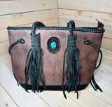 Turquoise Stone Soft Leather Braided Tassel Tote