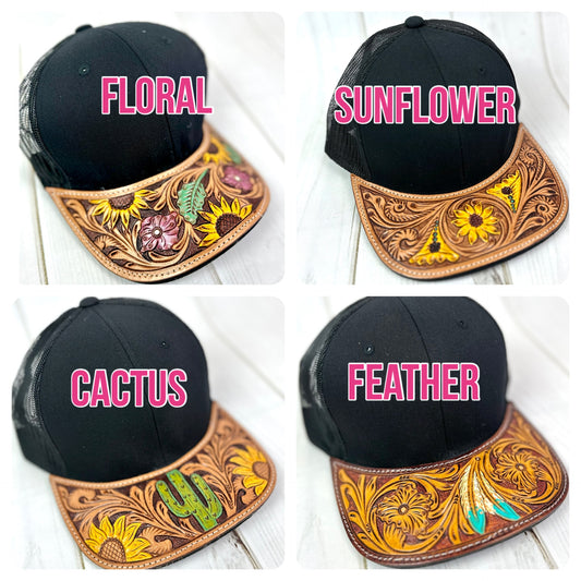 Western Tooled Leather Brim Snapback Trucker Style Hats