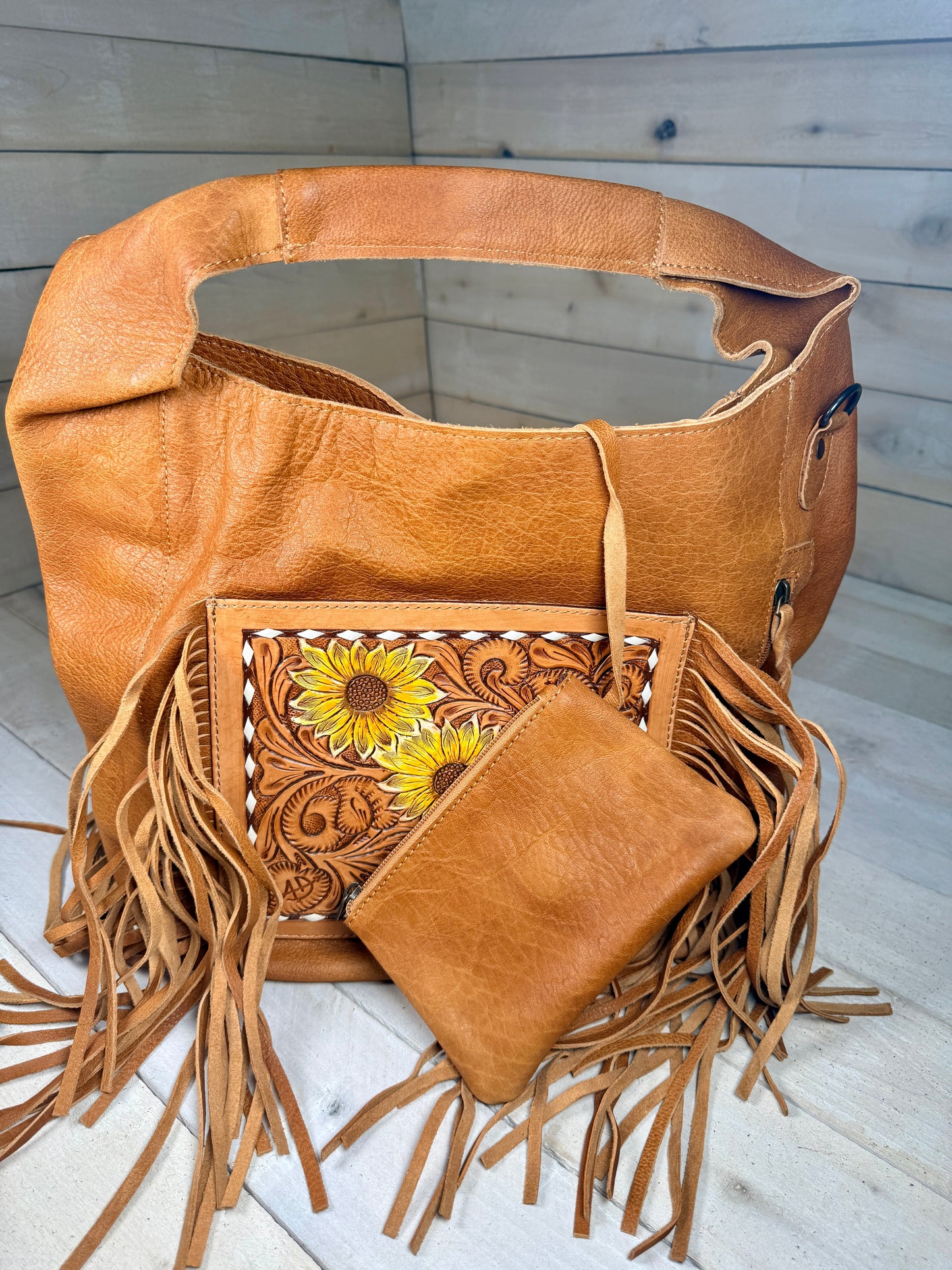 Sunflower Tooled Fringe Soft Leather Hobo