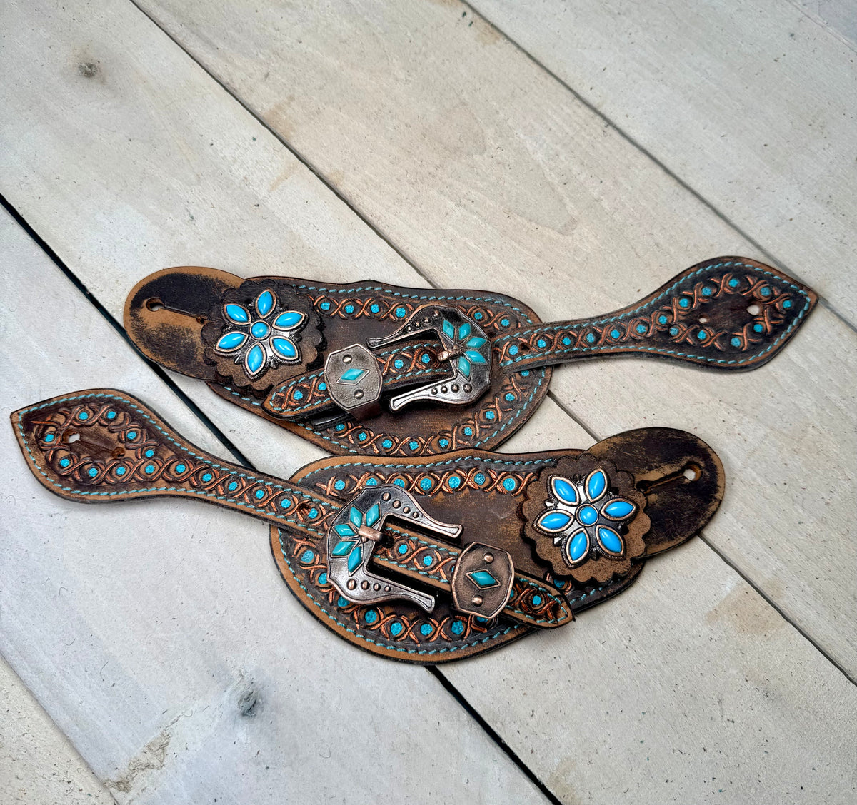 Dark Leather Turquoise Flower Dotted Spur Straps