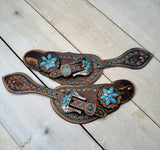Dark Leather Turquoise Flower Dotted Spur Straps