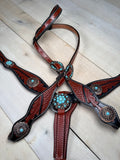 Turquoise Stone Silver Concho Dark Leather Tack Set