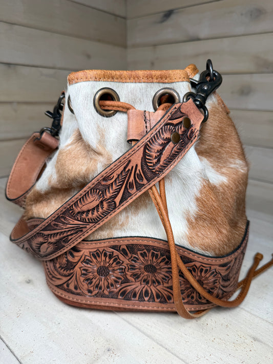 Ranchers Hide & Leather Tooled Band Bucket Handbag