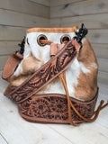 Ranchers Hide & Leather Tooled Band Bucket Handbag