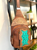 Turquoise and Brown Leather Tooled Sling Bag