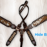 Cowhide on Dark Leather Tack Set with Buckstitch and Crystal Conchos