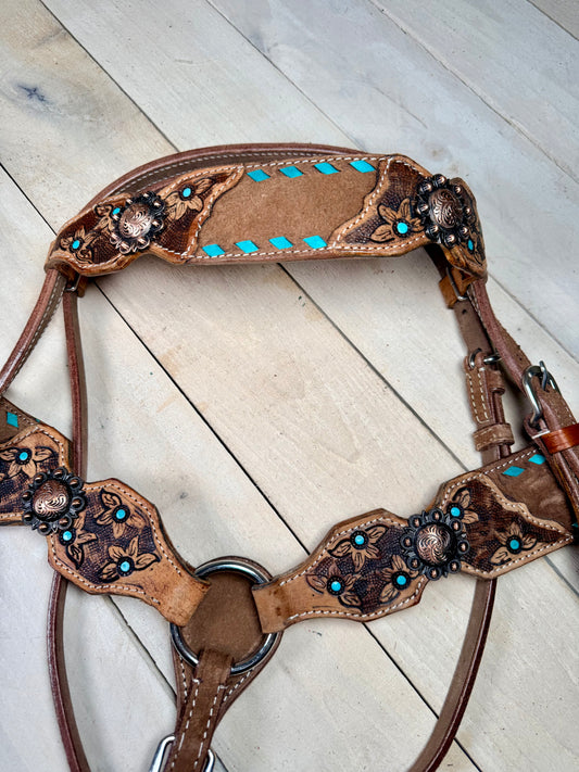 Daisy Buckstitch Rough Out Leather Floral Tooled Tack Set
