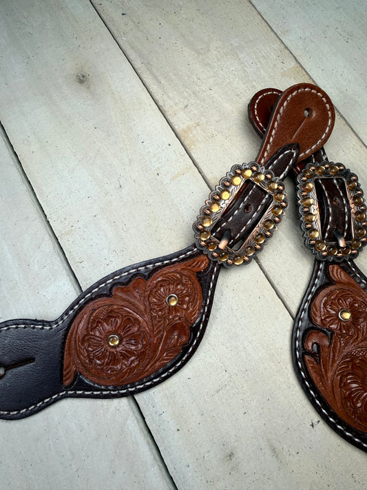 Dark Floral Tooled Yellow Crystal Buckle Spur Strap