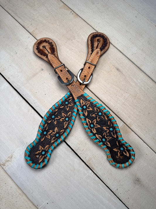 Daisy Tooled Teal Whipstitch Spur Strap