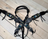 Black Leather Orange and Teal Beaded Tack Set