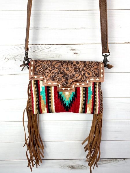 Serape Red and Turquoise Leather Tooled Fringe Med. Bag