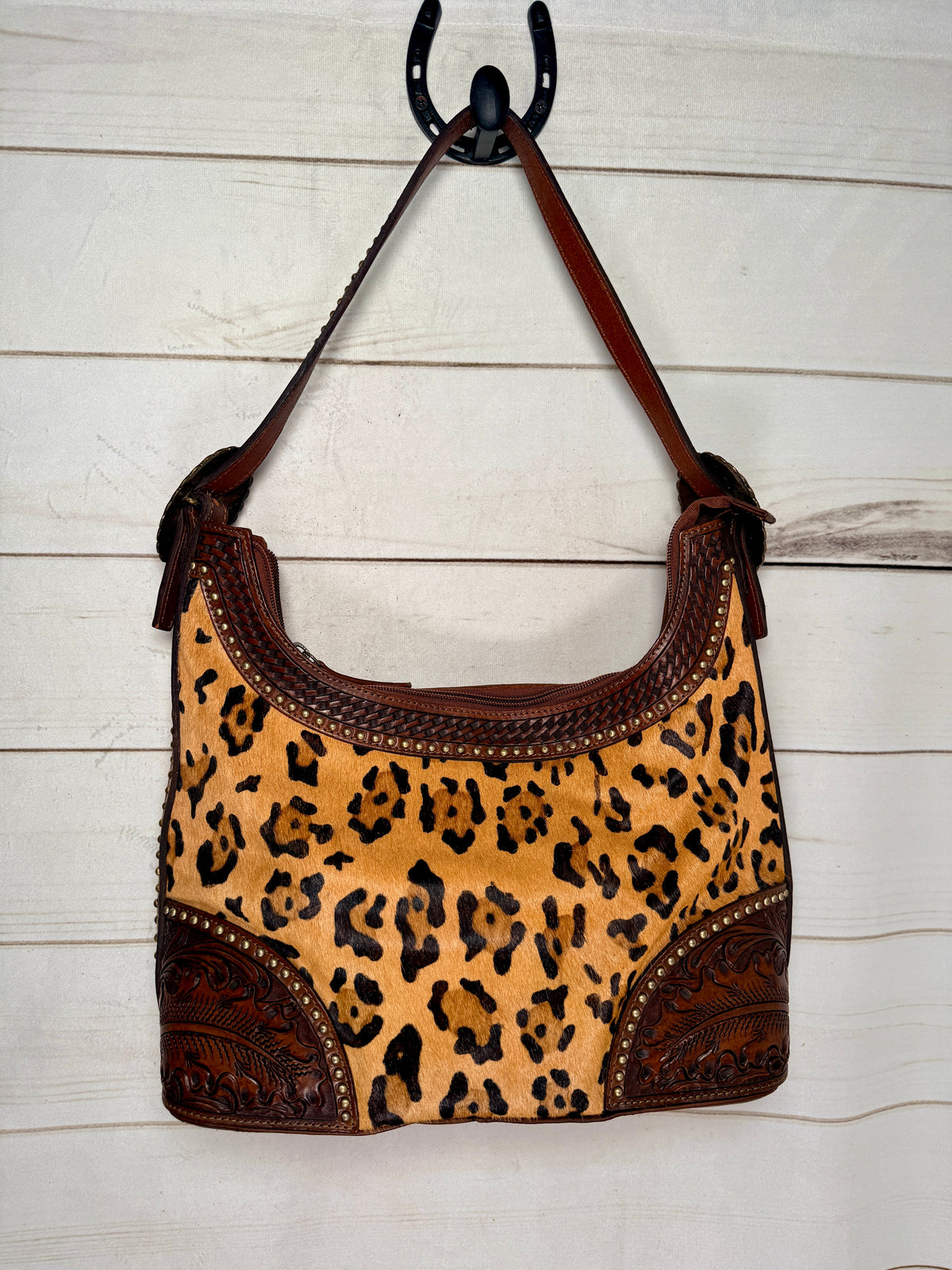 Cheetah Cowhide Studded Feather Tooled Hobo