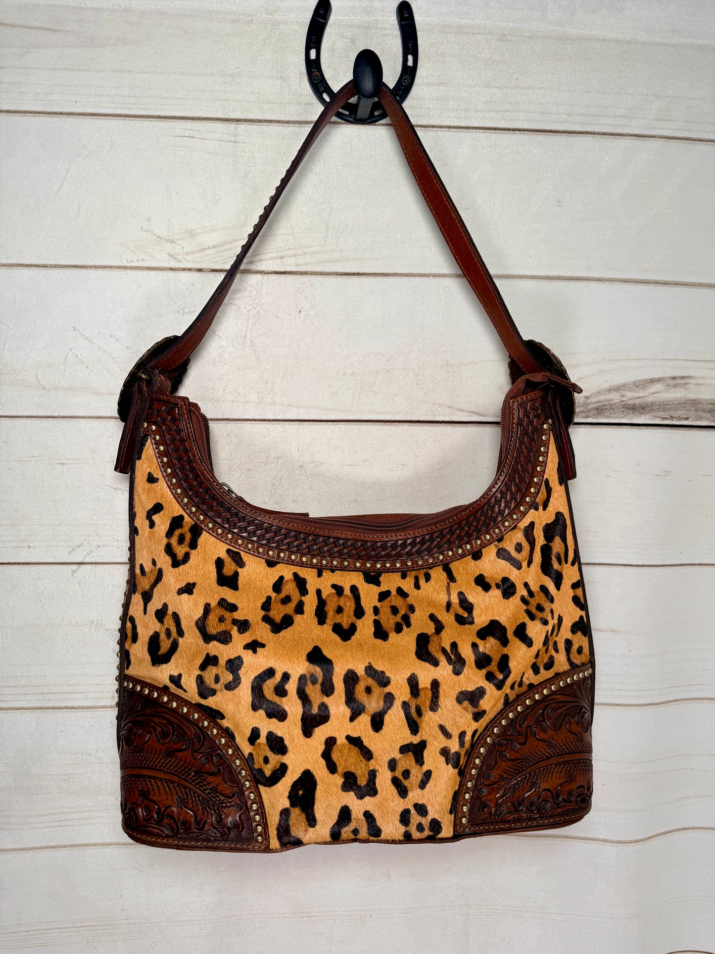 Cheetah Cowhide Studded Feather Tooled Hobo