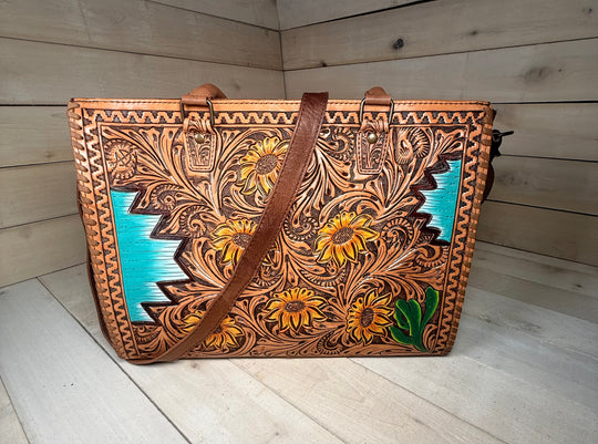 Southwest Sunflower Tooled Aztec Laptop Tote