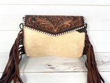 Brown and Cream Hide Dark Tooled Whipstitch Crossbody Bag