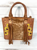Prescott Hide Tote with Tooled Painted Sunflowers