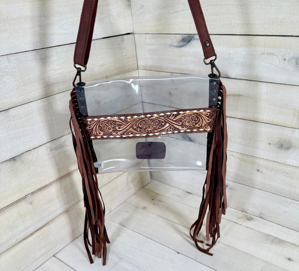 Clear Leather Flower Tooled Buckstitch Crossbody