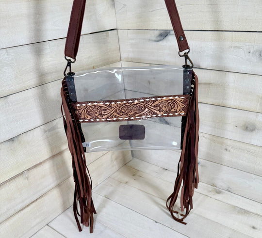 Clear Leather Flower Tooled Buckstitch Crossbody