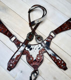 Black and White Hide Leather Tooled Tack Set